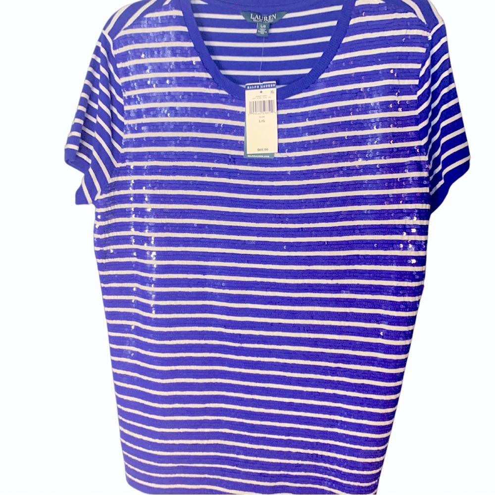Ralph Lauren Blue White Striped Sequins Shirt NWT